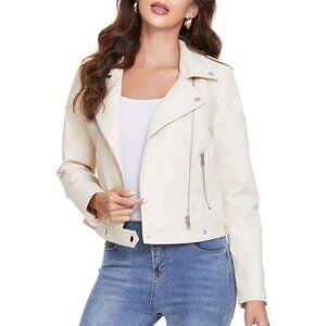 Fahsyee Women's Faux Leather white Jackets, Zip Up Outwear and Short Jackets